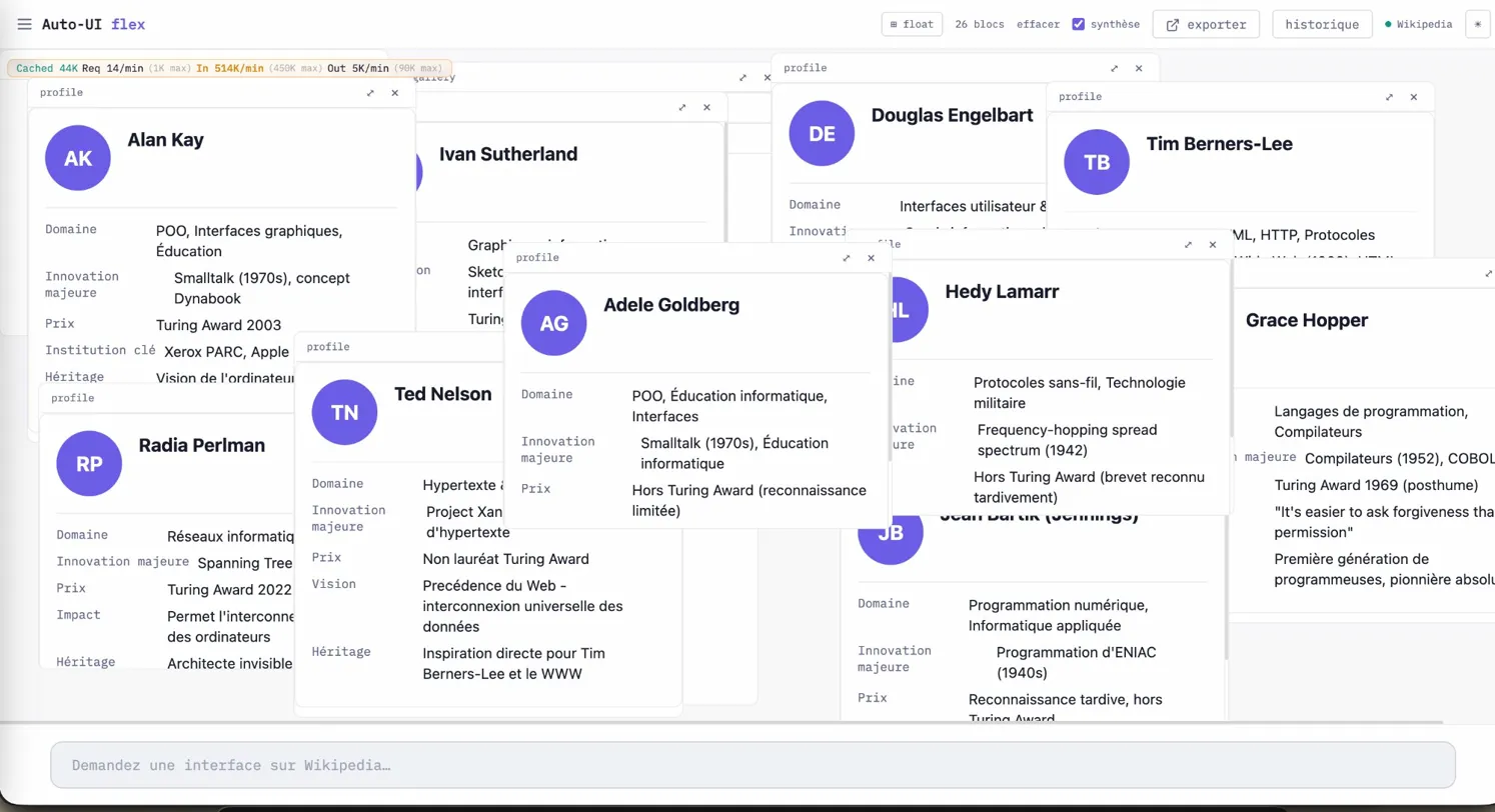 Auto-UI flex — canvas de composition avec profils de pionniers de l'informatique (Alan Kay, Ivan Sutherland, Douglas Engelbart, Tim Berners-Lee, Adele Goldberg, Ted Nelson, Hedy Lamarr, Grace Hopper, Radia Perlman, Jean Bartik)